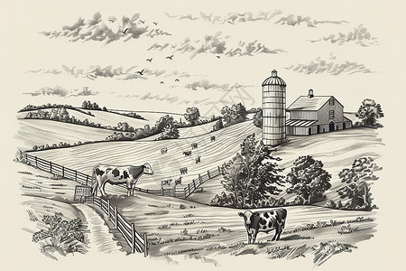 牛农农场上的牛插画
