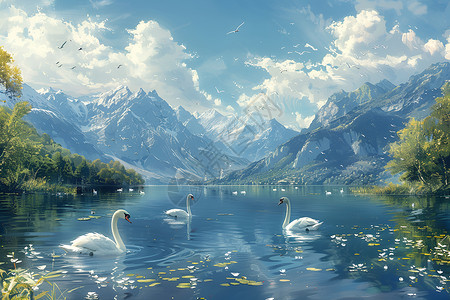 大理石块湖里的天鹅插画