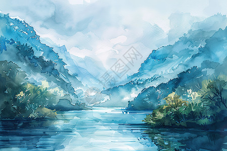 高山古冰川湖泊景色宜人的高山插画