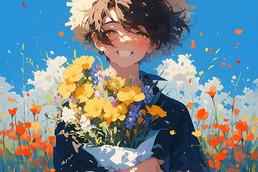 微笑抱着鲜花的男孩图片