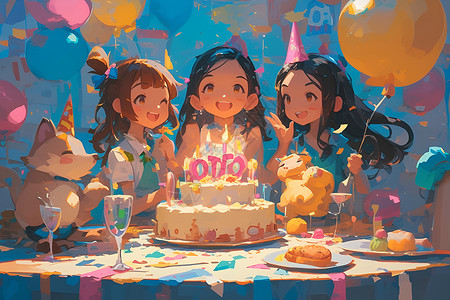 蛋糕和花女孩和朋友们庆祝生日插画