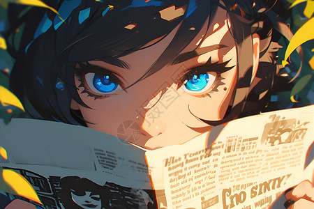 蓝眼女孩阅读报纸背景图片