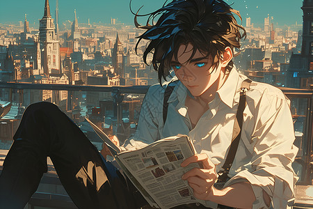 青年男人阳台上读报的男孩插画