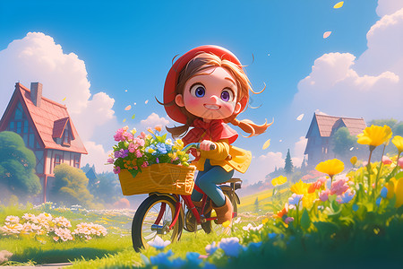 女孩骑自行车女孩骑着自行车走在草地上插画