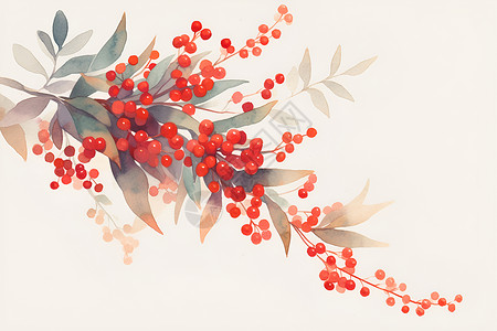 树枝红色小果子阳光里的红色果子插画