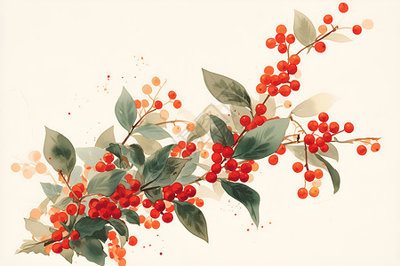 红色果子树枝树枝上的红色浆果插画