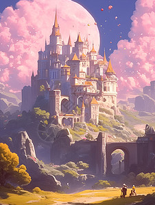 一座山丘天空中的一座城堡插画