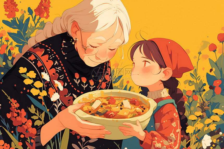 老奶奶和小女孩在共享美食图片