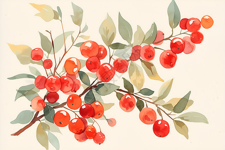 红瓤红浆果水彩画插画