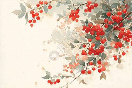 红浆果的水彩插画背景图片