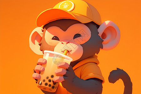 野生茶猴子欢快的喝奶茶插画