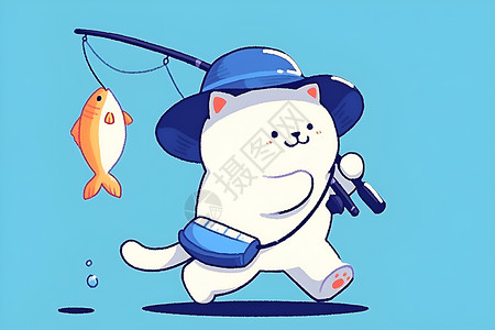 渔排渔猫戴蓝帽插画