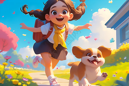 快乐奔跑的女孩和小狗背景图片
