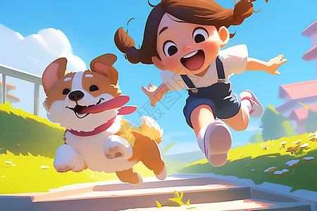奔跑的女孩和狗狗背景图片