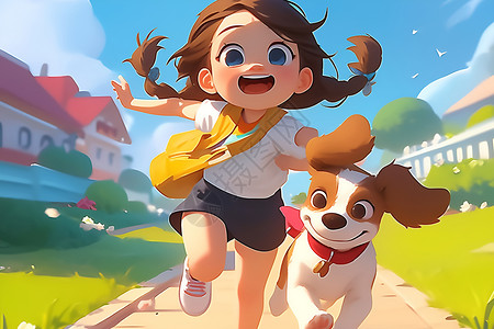 快乐奔跑的女孩与宠物狗背景图片