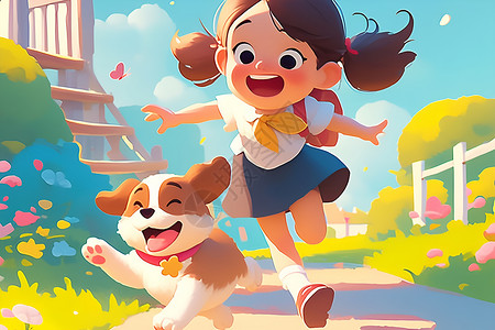 奔跑宠物小女孩和小狗插画