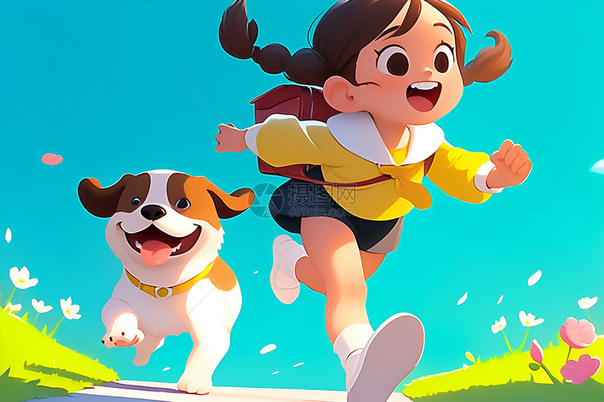 快乐奔跑女孩与小狗图片