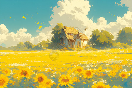 小房子标题装饰阳光下的一座小房子插画