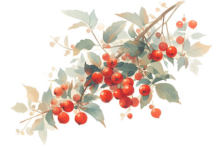 红酥梨精致水彩画红浆果插画