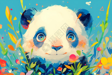 一级保护花丛中的熊猫插画