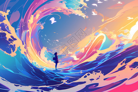 波浪海浪波浪中的少女插画