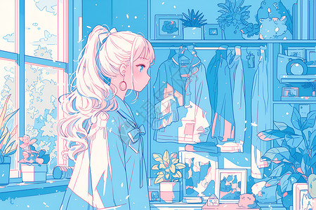 衣柜安装房间里的长发女孩插画