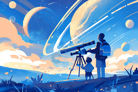 望远镜星空边框观测星空的父子插画