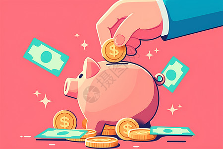 手握金钱展示的小猪存钱罐插画