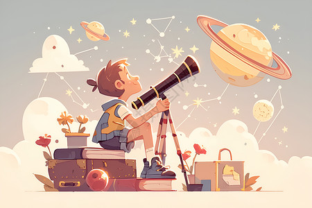 望远镜观察观察星空的少年插画