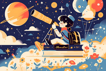 望远镜星空观测星空的男孩插画