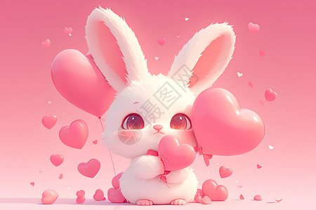 粉色气球与柯基卡通兔子拿着粉色爱心插画