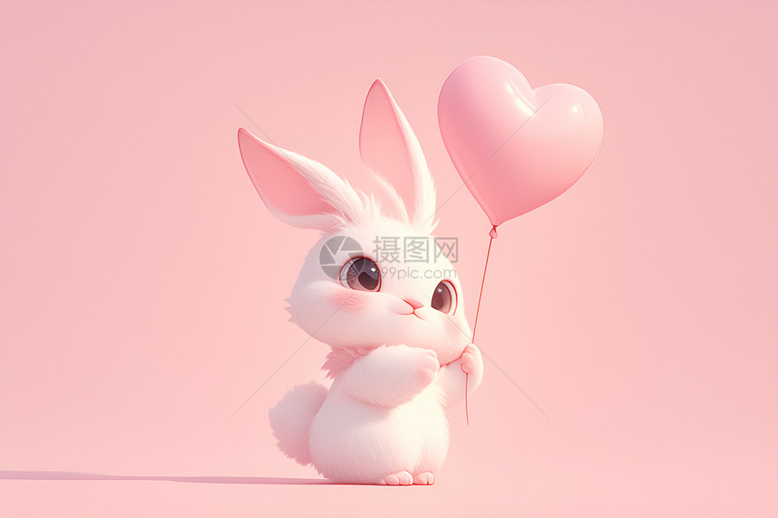 白兔拿着粉色心形气球图片