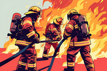 救火英雄勇救大火的三名消防员插画