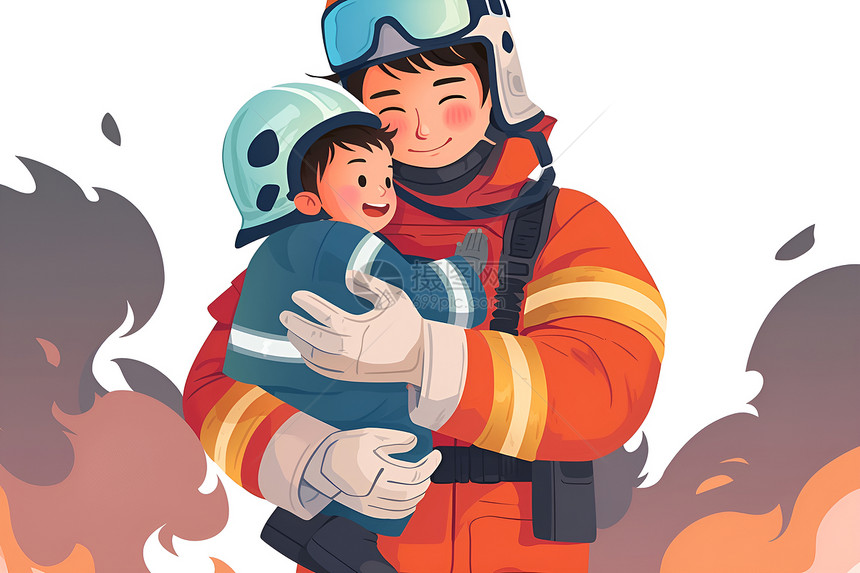 拥抱孩子的消防员图片