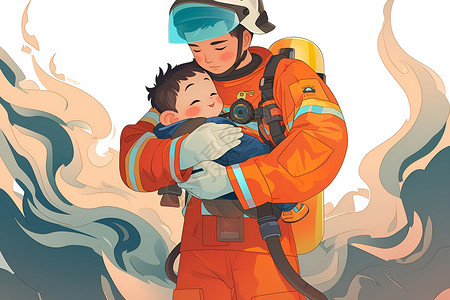 少年英雄勇救少年的消防员插画