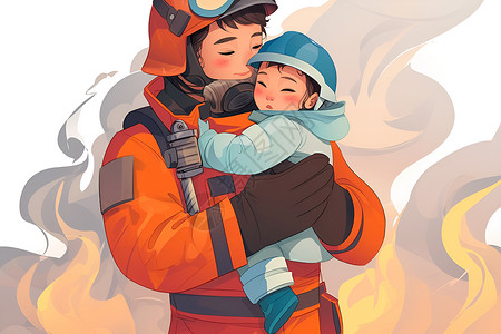 火灾场景消防员拥抱孩子的插画场景插画