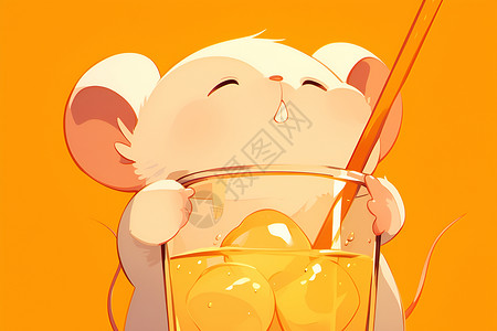 创意橙汁创意小老鼠喝橙汁插画