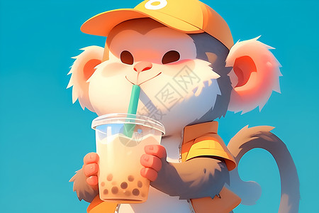 卡通猴子喝着奶茶背景图片