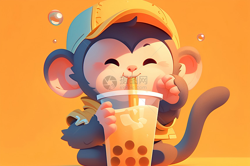 卡通猴子享受奶茶图片