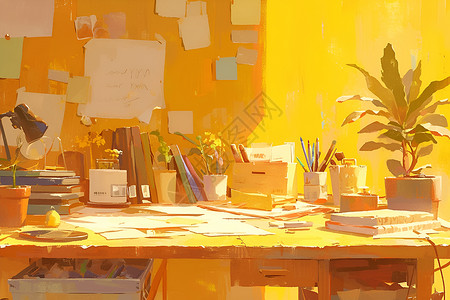 一排文件黄色办公桌插画