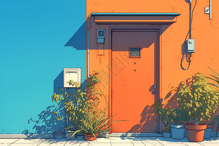 色彩简练的房屋小门插画