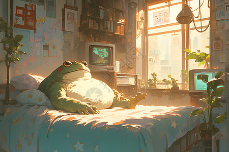 青蛙动画素材胖胖的青蛙坐在床上插画