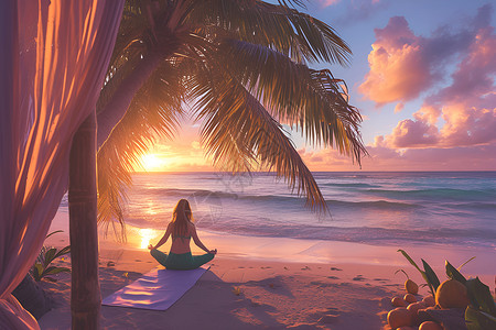 瑜伽海边浪漫夕阳下的瑜伽女子插画