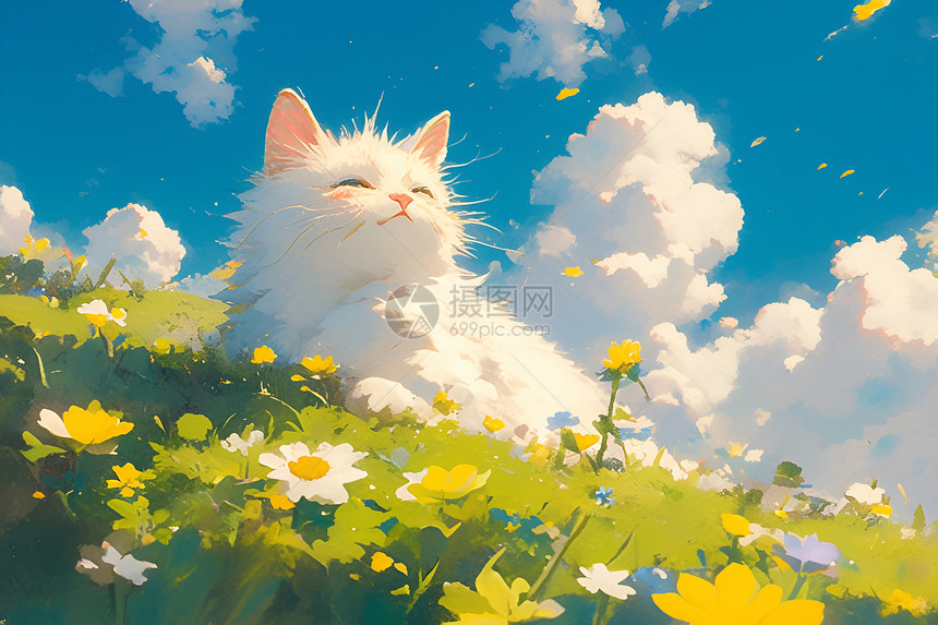 白猫在草地上图片