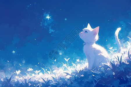 星光璀璨下的猫咪插画背景图片