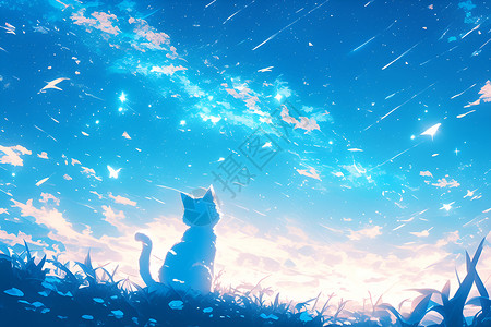 星空下白猫猫咪插画星高清图片