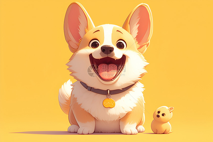 可爱的棕色柯基犬佩戴着金色的项圈图片