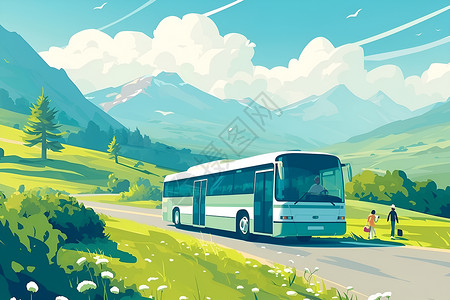上公交车公交车背后是山峦和繁茂的植被插画