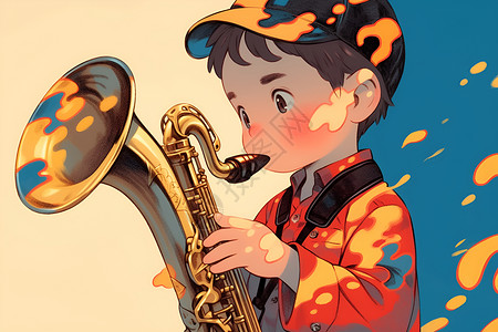 男孩吹奏萨克斯风的插画背景图片