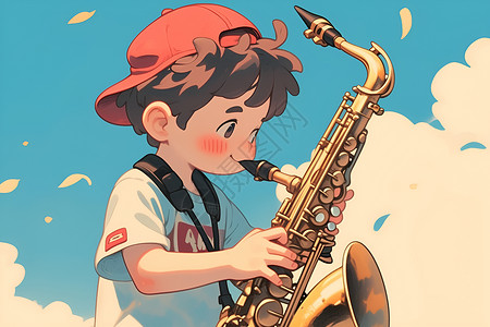 萨克斯乐器一位男孩吹奏萨克斯插画